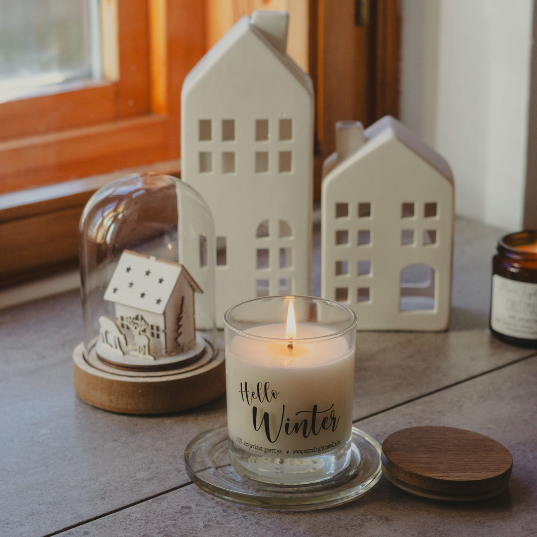 Hello Winter - feliratos szójaviasz illatgyertya (átlátszó üveges)