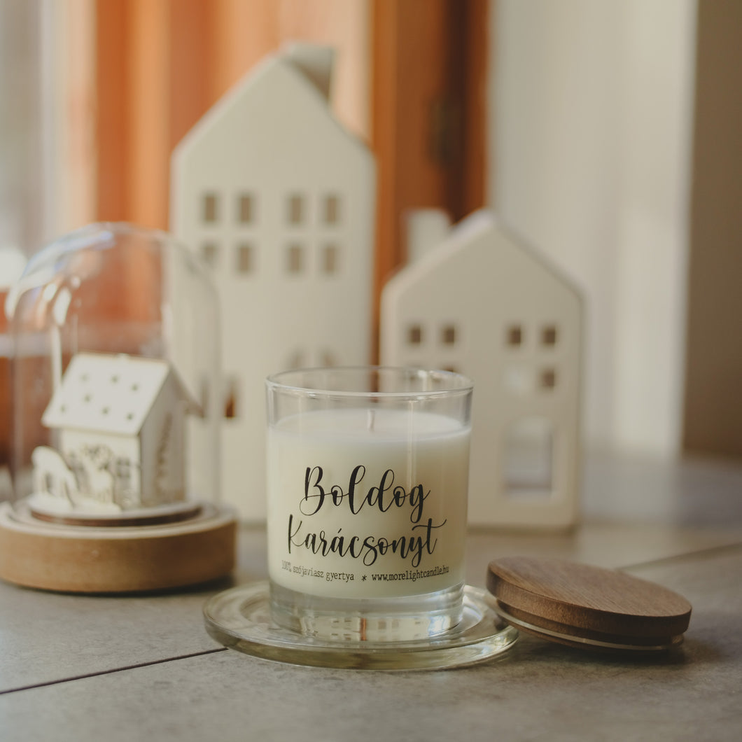 Boldog Karácsonyt - feliratos szójaviasz illatgyertya (átlátszó üveges)
