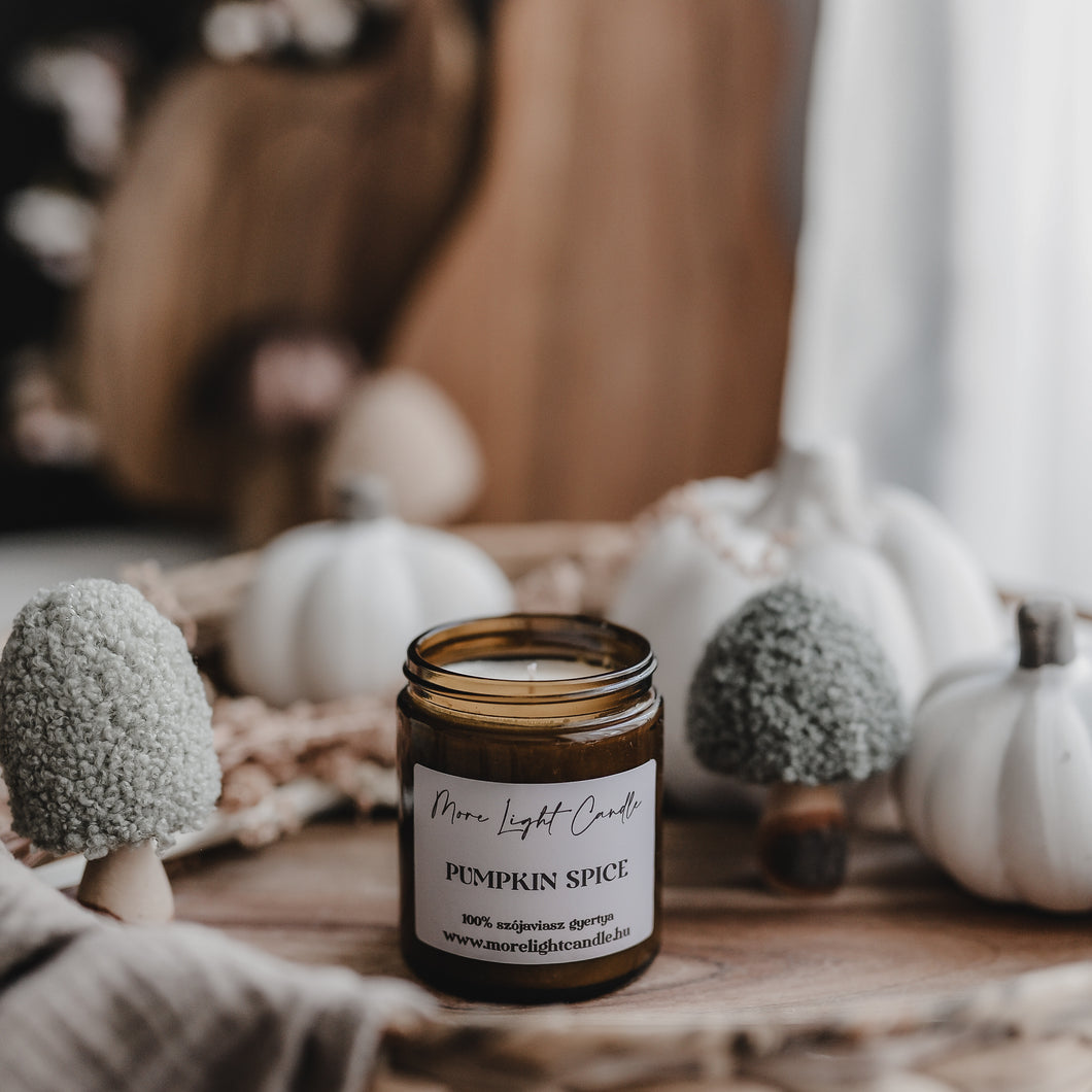 Pumpkin Spice szójaviasz gyertya — 180 ml, ámbra üveg, fahéjas–kardamomos illat